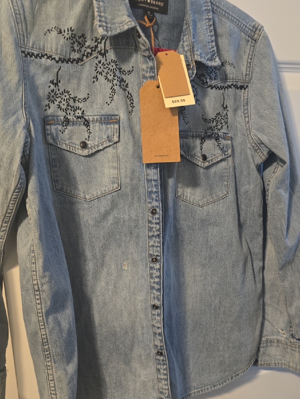 Lucky Brand Light Blue Denim Shirt with Black Floral Embroidery NWT Medium